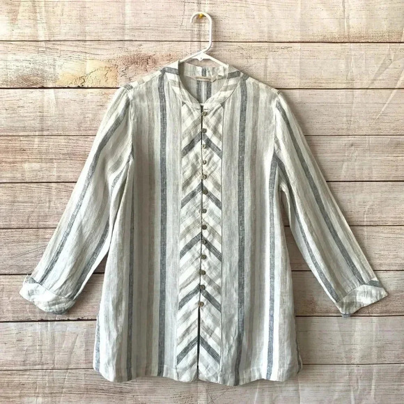 Soft Surroundings Linen Button Front Blouse Women’s Size PM Side Slit Beige Top - Picture 1 of 11